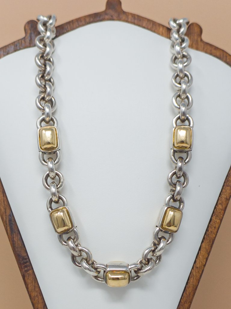 Vintage Italian Sterling 18k Gold Link Necklace Heavy 94g TwoTone